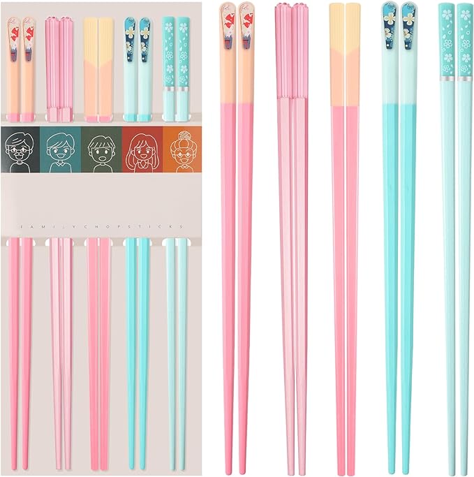 5 Pairs Reusable Chopsticks Dishwasher Safe, Fiberglass Premium Japanese Chines Korean Chopsticks for Sushi Noodles Ramen, Non-slip Chop Sticks, Lightweight, 9.6 inches- Green&Pink-B