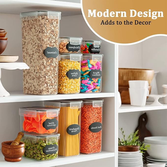 8pc Clear Airtight Canisters with Lids, Kitchen Dry Pantry Storage | 8pk clear airtight containers lock moisture out. Stackable plastic organizers for all your kitchen pantry dry foods