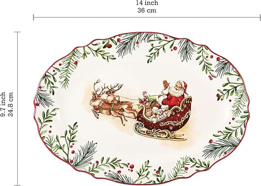 Bico Santa On The Way 16 plus 14 inch Scalloped Oval Platters Set, Set of 2, Microwave and Dishwasher Safe, for Serving Fish, Chicken, Turkey