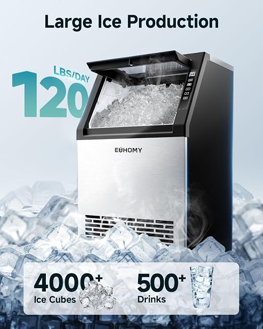 EUHOMY Commercial Ice Maker Machine,120lbs/24H Stainless Steel Under Counter Ice Machine with 33lbs Storage Bin, Freestanding Ice Maker for Home/Bar/Cafe/Restaurant