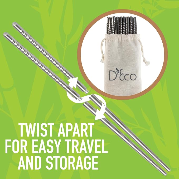 D'Eco Reusable Metal Chopsticks (8 Pairs)- Stainless Steel Twist Apart Silver Chopsticks & Travel Pouch- Lightweight, Durable, Dishwasher Safe- Great for Chinese Japanese Cuisine- On the Go Silverware
