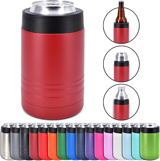 4-in-1 Stainless Steel 12 oz Double Wall Vacuum Insulated Can or Bottle Cooler Keeps Beverage Cold for Hours - Also Fits 16 oz Cans - Powder Coated Maroon - Clear Water Home Goods