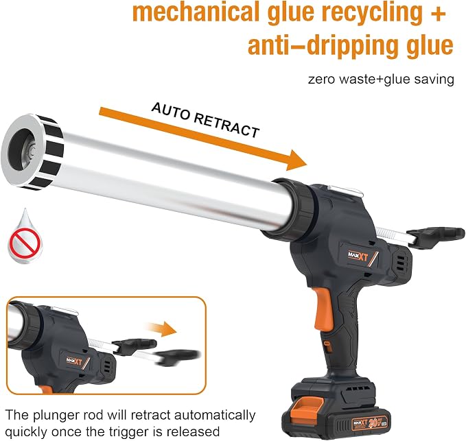 MAXXT 2-in-1 Cordless Caulking Gun - 2.0AH Battery Powered, Fits 10oz-20oz/300-600ml Cartridges & Sausage Packs, Anti-Drip Auto Retract, 6 Adjustable Speeds for Filling Sealing Repair