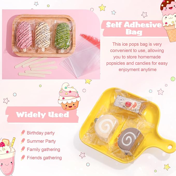 Ozera 200 Pcs Ice Pop Bags and Popsicle Sticks, Cakesicle Bags with Sticks | Clear Self-adhesive Cake Pop Bag, Candy, Chocolate Cookie, Family Gathering Party