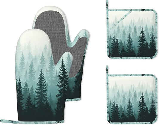 Misty Forest Silicone Oven Mitts and Pot Holders,Heat-Resistant 4 Piece Kitchen Set Non-Slip Oven Gloves and Hot Pads for Cooking, Baking, Grilling,BBQ