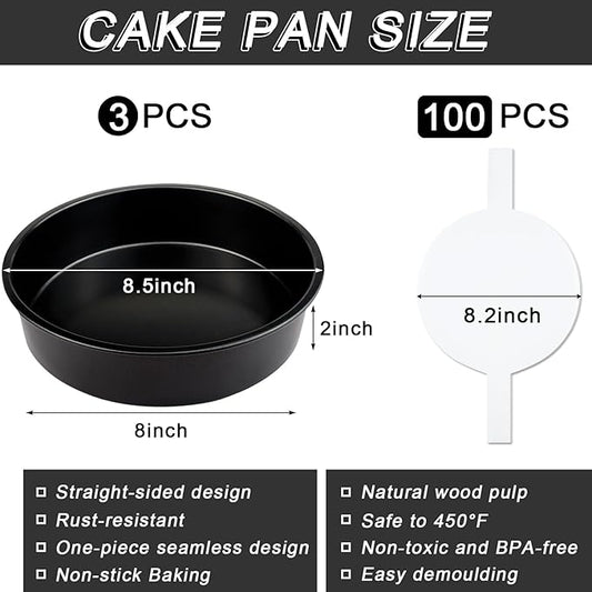 8-Inch Cake Pan Set of 3, Non-stick Baking Layer Cake Pans with 100 Pieces Parchment Paper, Dishwasher Safe Baking Pans (Round)