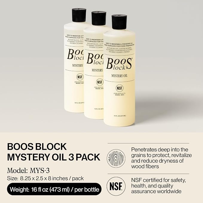 John Boos 3-Pack Mystery Oil, Food-Grade Care Set, 16 oz - All-Natural Maintenance Formula for Butcher Blocks, Cutting Boards, Wooden Countertops & Wood Culinary Utensils | All-Natural Maintenance Formula for Butcher Blocks, Cutting Boards, Countertops...