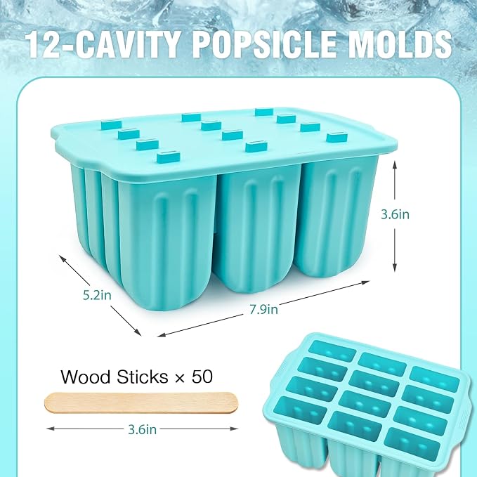 12 Pieces Silicone Popsicles Molds, Reusable Popsicle Maker Holder with 50 Sticks, DIY Ice Cream Cake Pop Mold for Homemade Frozen Dessert Juice Fruit Easy Release Mint Green
