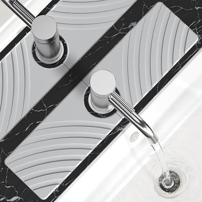 SpaceHacks Stone Faucet Mat for Kitchen Sink - Fast Drying Diatomite Stone Drying Mat, Textured Drainage Sink Protector, Water Splash Guard with Base Pads for Bathroom Counter (15.7x4 in, Light Gray)