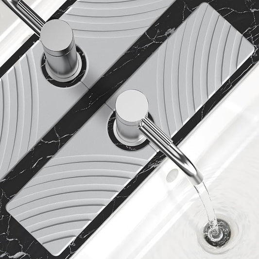 SpaceHacks Stone Faucet Mat for Kitchen Sink - Fast Drying Diatomite Stone Drying Mat, Textured Drainage Sink Protector, Water Splash Guard with Base Pads for Bathroom Counter (15.7x4 in, Light Gray)