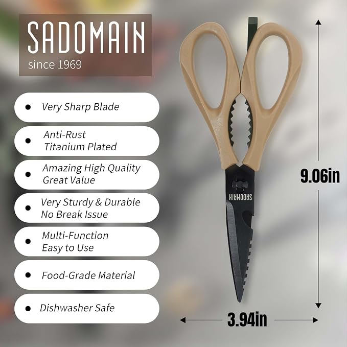 Kitchen Scissors All Purpose, Extra Sharp Kitchen Shears with Knife Sharpener & Sheath, Solid & Durable Stainless Steel Scissors with ANTI-RUST Black Titanium Plated, Dishwasher Safe – Brown