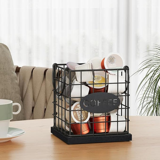 YINMIT K Cup Holder Organizer, Sturdy Coffee Pod Holder Organizer, 35 Kcup Large Capacity Storage Basket for Kitchen Counter and Office Desktop (Black-Square with Handle)