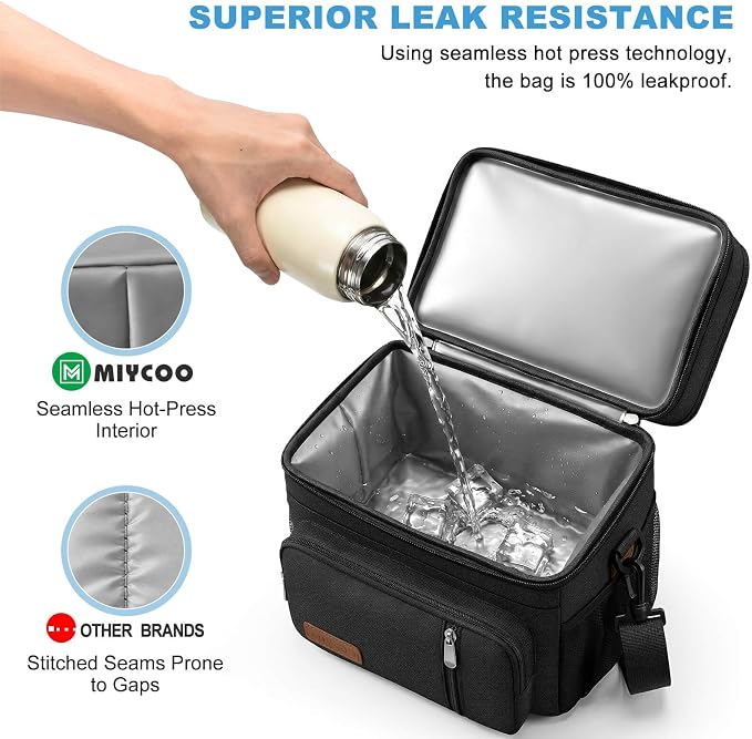 MIYCOO Lunch Bag & Lunch Box for Men Women, Double Deck & Leakproof | Insulated Soft Large Adult Camping Cooler bag for Work, Beach, Picnic, Travel (Black, 15L)