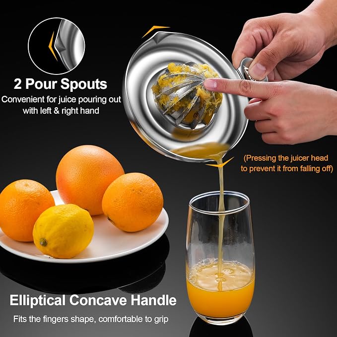 Lemon Squeezer Stainless Steel, Ultra Heavy Duty Manual Hand Juicer | Premium Citrus Reamer Juicer, Lime Orange Fruit Squeezer, 12 Scraping Teeth, 200ML Container, 2 Pour Spouts, Dishwasher Safe
