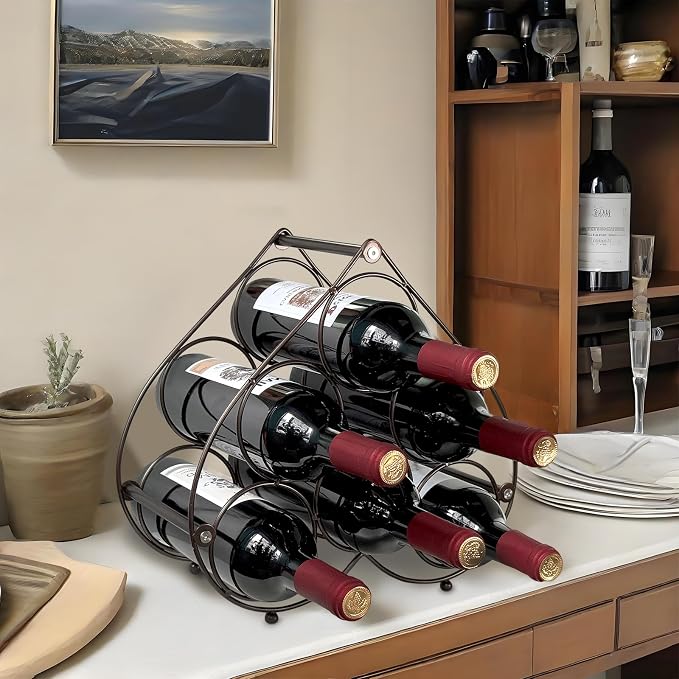 Heart Shape Countertop Wine Rack, 6 Bottles Freestanding Small Metal Wine Holder, Modern Tabletop Wine Storage Stand for Cabinet, Pantry (Black)