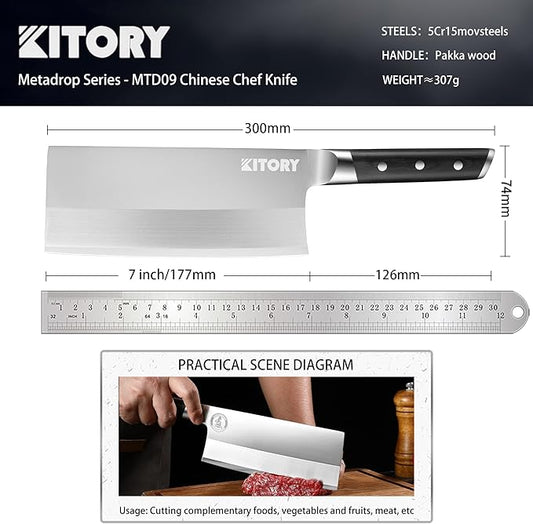Kitory 7" Lightweight Cleaver, Chinese Chef Knife for Slicing & Chopping (No Bones)- German High Carbon Steel - Ergonomic Pakkawood Handle - Ideal for Women, 2024 Gift (Metadrop Series)