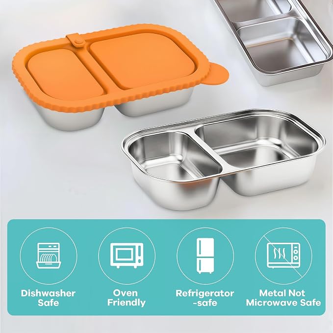 3 Pack Stainless Steel Snack Containers with Silicone Lids, 2 Compartment Food Storage for Office, Work, Travel, Meal Prep, Hiking, Picnic