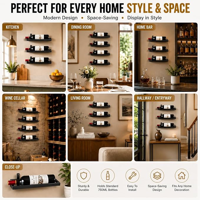6-Shelf Metal Wall Mounted Wine Rack - Hanging Wine Bottle Holder Organizer for Kitchen, Bar, Home Storage - 6PCS Iron Wine Bottle Display Stand (6PCS-Black)