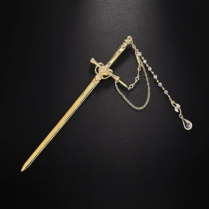 Sword Tassels Hair Pins for Women - Gold Long Ancient Style Tassels Metal Chopsticks Chinese Hair Sticks Pin Decorative Gold Medieval Renaissance Chinese Hair Accessories for Women Jewelry
