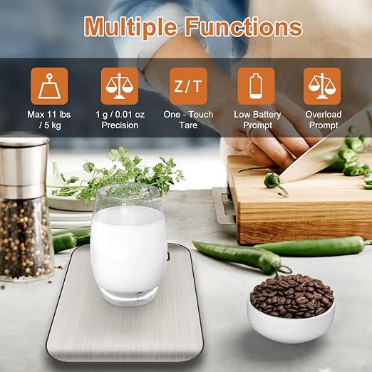 CROWNFUL Food Scale, 11 lb Digital Kitchen Scales with Built-in Coin Battery, Weight Ounces and Grams for Cooking and Baking, 6 Units with Tare Function, LCD Display, 304 Stainless Steel