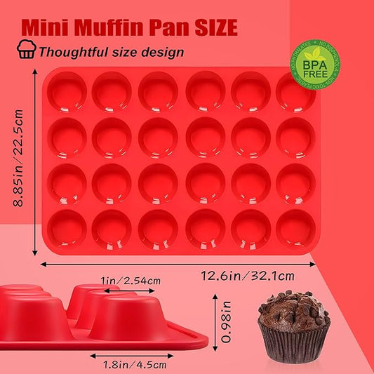 24 Cups Cupcake Pan,Mini Silicone Muffin Pan,Nonstick Food Grade Silicone Baking Cups,Great for Making Muffin Cakes, Tart, Bread - 2 PCS