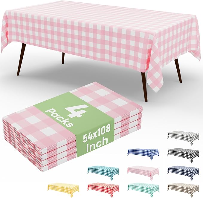 4 Packs Buffalo Disposable Table Cloth, 54 x 108 Inch Waterproof Plastic Tablecloth, Rectangle Pink and White Checkered Table Covers for Picnic, Birthday, Party, Back to School