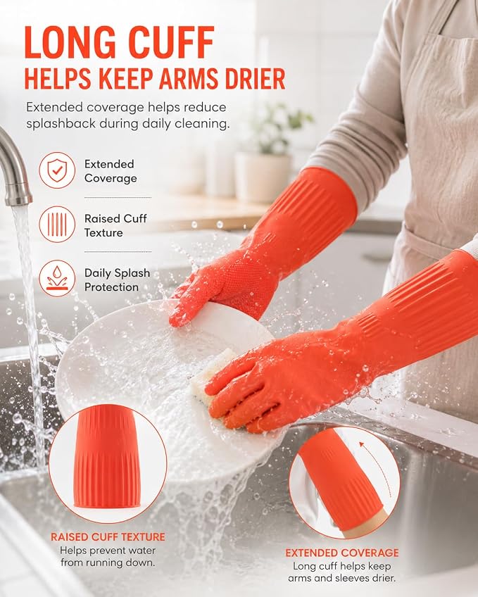 Disfore Rubber-Gloves Dishwashing Gloves for Cleaning-Kitchen - 2 Pairs Long Household Cleaning Gloves for Washing Dishes