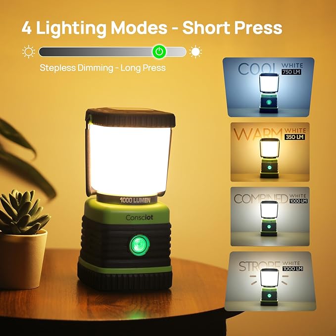 Consciot LED Battery Powered Camping Lantern, 1000LM, 4 Light Modes, IPX4 Waterproof Portable Tent Flashlight for Power Outages, Emergency, Hurricane, Hiking, Light Green, 2-Pack | IPX4 Waterproof Camping Lights; Portable Flashlight for Power Outages, ...