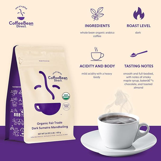 Coffee Bean Direct Organic Fair Trade Dark Sumatra Mandheling, Whole Bean Coffee, Dark Roast, 1 Pound Bag (Pack of 1)