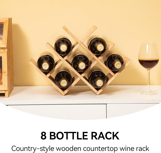 KIRIGEN Wooden Wine Rack, 8-Bottle 3-Tier Countertop Wine Holder, Natural | 16.73 x 5.91 x 11.14 In, Holds 8 Standard Wine Bottles for Cabinets, Pantry Shelves, and Kitchen Counter, Assembly Required