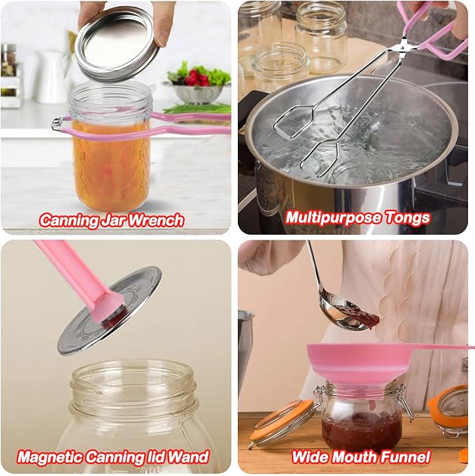 Home Canning Supplies Starter Kit, Food Grade Stainless Steel Canning Tools with Jar Lifter Tongs, Funnel, Labels, Magnetic Lid Lifter, Essential Canning Accessories Equipment Set for Beginners, Pink