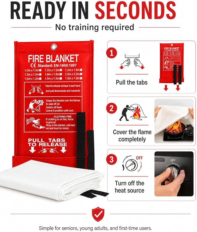 Ougist 2 Pack Emergency Fire Blanket for Home and Kitchen, 40"x40" Fire Blankets for Safety, Fiberglass Flame Suppression for Grill, RV & Camping, Peace of Mind for Your Family