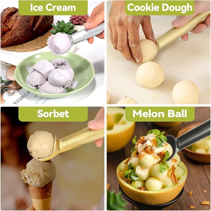 Ice Cream Scoop,7 inches Nonstick Anti-Freeze One Piece Aluminum Scooper Spoon, Heavy Duty Durable Design, Easy Clean, for Gelato, Cookie Dough, Sorbet, Almond (Gold)