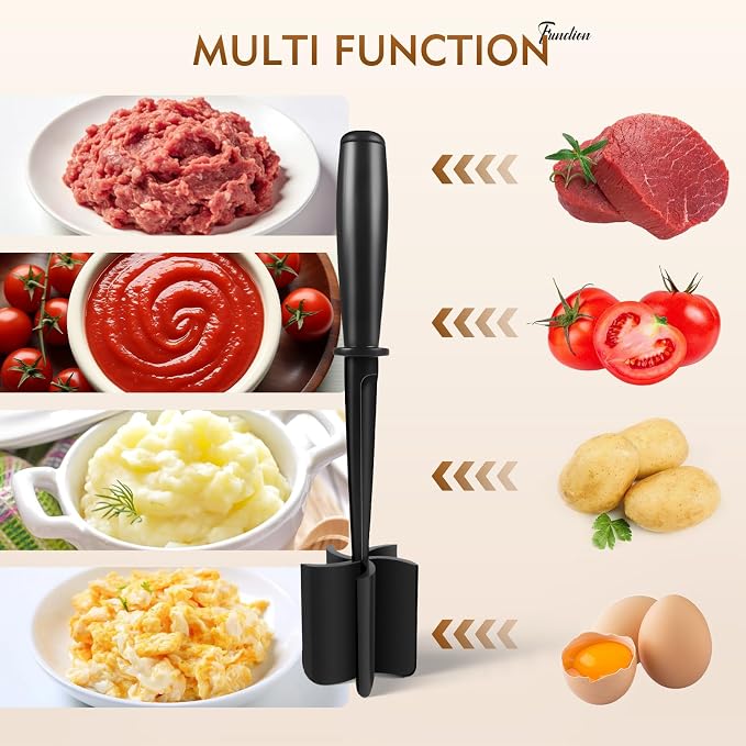 Meat Masher, Ground Beef Masher with 5 Curve Blades & Non-Slip Handle | Upgrade Heat Resistant Hamburger Smasher Tool for Hamburger & Potatoes, Non Stick Mix Ground Meat Chopper(Black)