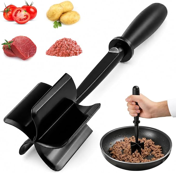 Meat Masher, Ground Beef Masher with 5 Curve Blades & Non-Slip Handle | Upgrade Heat Resistant Hamburger Smasher Tool for Hamburger & Potatoes, Non Stick Mix Ground Meat Chopper(Black)