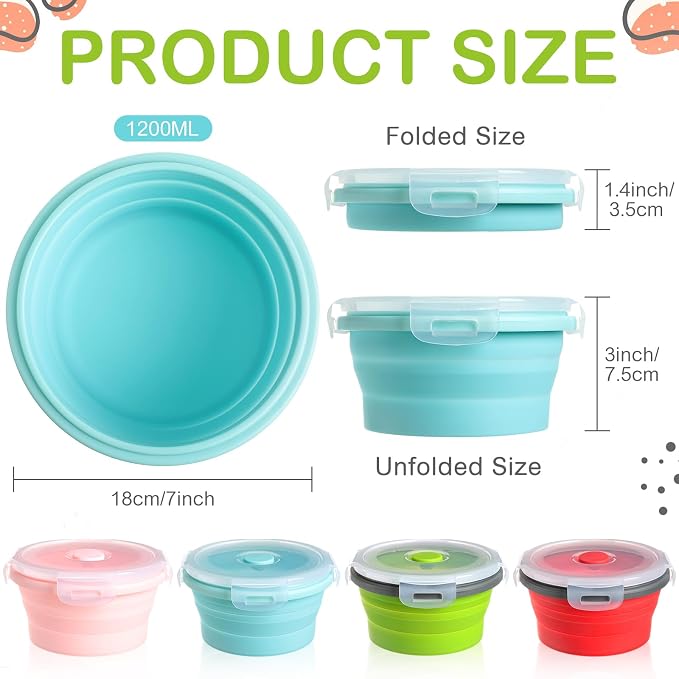 4 Pcs Collapsible Bowls with Lids Silicone Camping Food Storage Container Expandable Folding Salad Lunch Box Travel Container for Hiking Camping