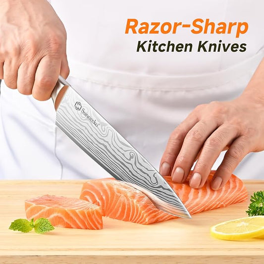 Sunnecko Knife Set with Block and Sharpener, 15 Piece Kitchen Knife Block Set Sharp Kitchen Knives High Carbon Stainless Steel with White Handles