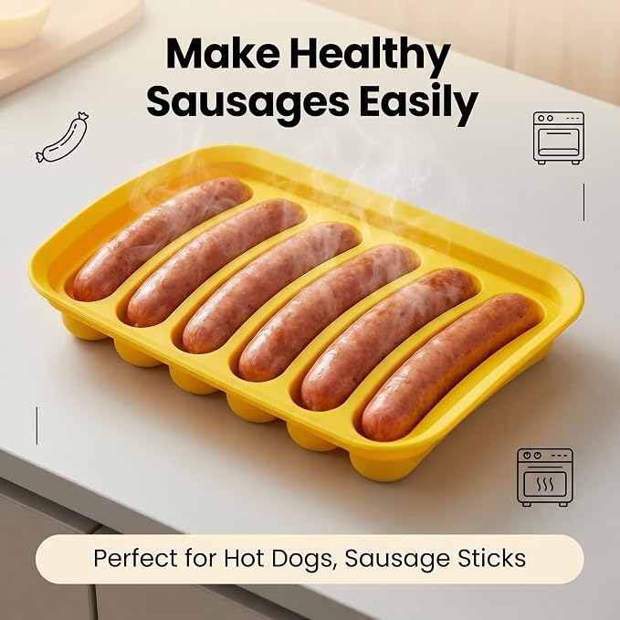 2 Pcs Silicone Sausage Mold with a Set of Silicone Brush Spatula and 25x Pastry Bags,Non-Stick Hot Dog Bun Pan,DIY Handmade Ham Sausage,Hot Dogs Baking Mold for Children's Food with Lid(Yellow/2)