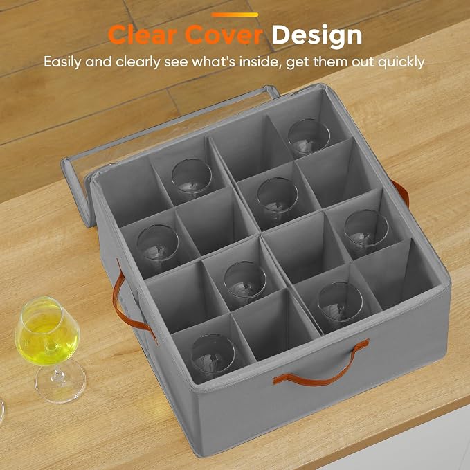 Foyego Wine Glass Storage Box, 2 Pack, Gray | 32 Adjustable Dividers, Hard Shell, Stackable China Storage Containers Holds Stemware, Glassware, Crystal for Packing&Moving
