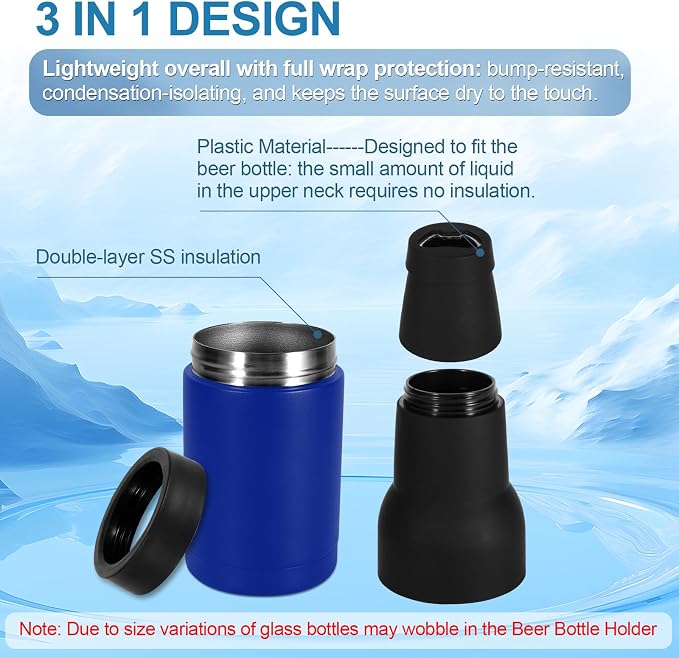 12oz Universal Beer Bottle Holder Double Walled SS Beer Can Cooler | 3 in 1 Can Koozie with Beer Opener Vacuum Insulated - fit Fishing, Camping Outdoor Activities(Royal Blue)