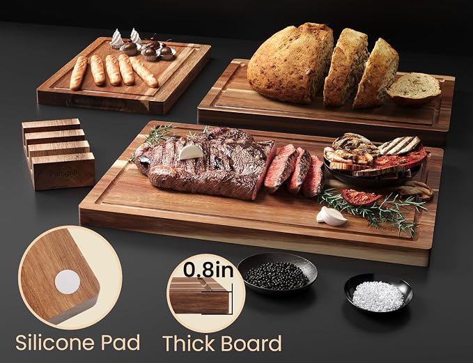 Fibogollo Set of 3 Large Acacia Wood Kitchen Cutting Boards with Holder | Wooden Chopping Boards Set with Juice Groove, Serving Board with Storage Stand,Butcher Block for Meat,Vegetables,Fruit