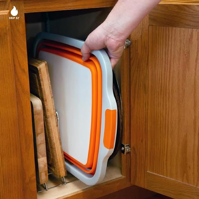 Drip EZ Collapsible BBQ Prep Tubs 3-Piece Set- For Meal Prep Marinating Food Storage - Includes Cutting Board & Lid - (1) JR + (1) OG + (1) XL - Black