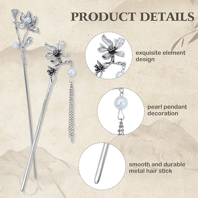 inSowni 8 Pcs Retro Vintage Asian Chinese Traditional Hanfu Silver Metal Flower Hair Sticks with Pearl Bead Pendants Bamboo Lotus Long Hair Chopsticks Forks Bun Updo Holders Hairpins for Women Girls