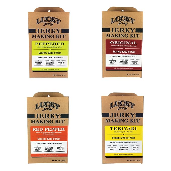 Lucky Jerky DIY Beef Jerky Seasoning and Cure Kit, 4 Flavors, 48 Oz | Make Your Own with Original, Red Pepper, Teriyaki, and Peppered, Seasons 20 lbs per Flavor, 80 lbs Total