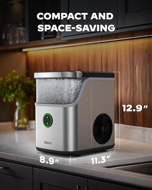 Silonn Nugget Ice Maker Countertop, Ice Basket with Handle, Quiet Operation & Self Cleaning Ice Machine, Chewable Ice, 33 lbs/24H, Portable Pellet Ice Maker with Scoop for Home, Kitchen and Office