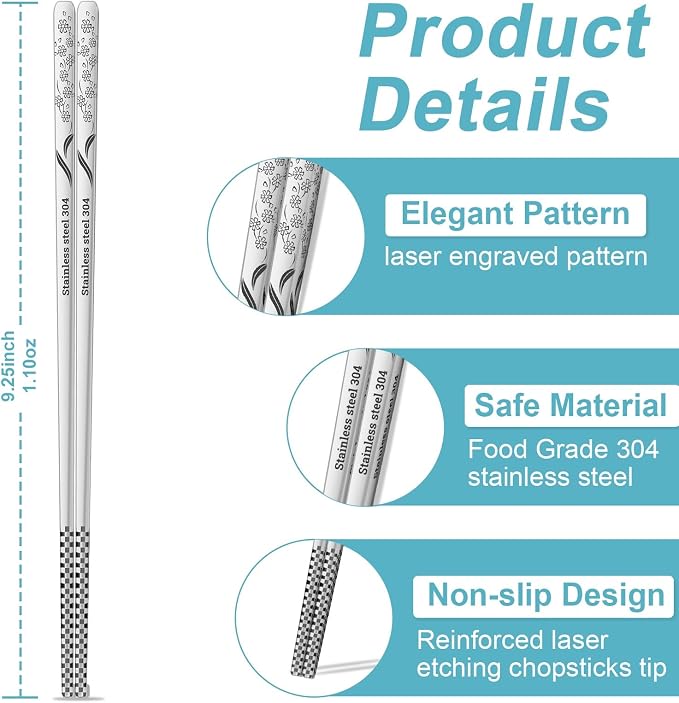 Reusable Metal Chopsticks – Premium 304 Stainless Steel, Non-Slip & Dishwasher Safe – Lightweight, Durable, Japanese & Korean Style – 5 Pairs, 9.25 Inches, Elegant Gift Set