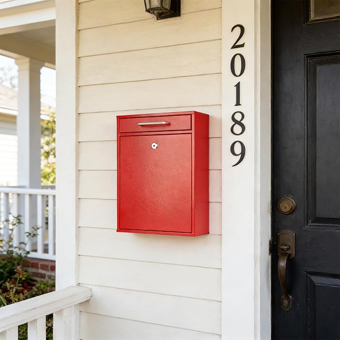KYODOLED Locking Wall Mount Mailbox for Outside, Drop Box, X-Large, Red | Heavy-Duty Steel, Outdoor Mail Box with Key Lock, Large Capacity, Home, Office & Apartment Use, 16.2H × 11.2L × 4.6W In