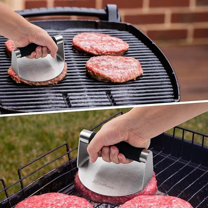 Stainless Steel Burger Press，5.5 Inch Round Smasher，With Anti-Scald Handle | Hamburger Non-Stick Grill Press，Flat Bottom Without Ridges, for Cooking Burgers, Bacon, Ground Beef, Meats, Sausage