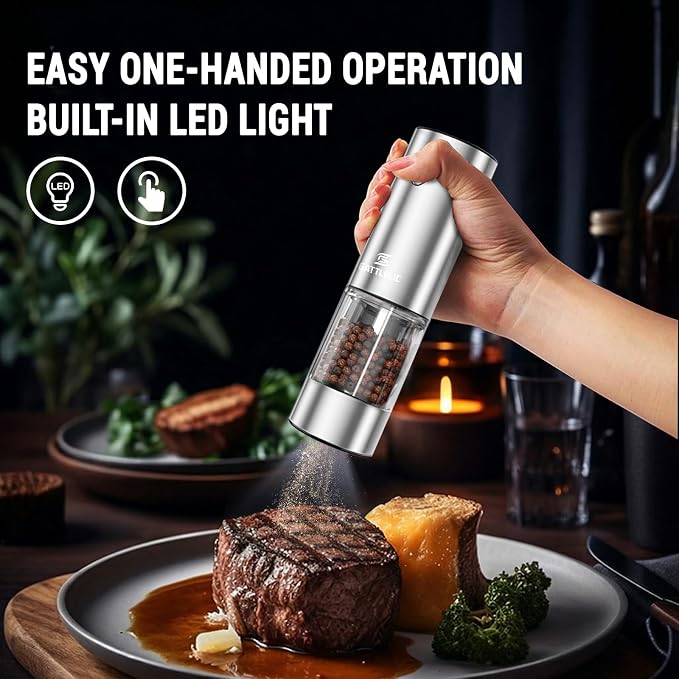 Electric Salt and Pepper Grinder Set, Automatic Pepper Mill Grinder w/Upgraded Charge Base and LED Light,Adjustable Coarseness,Rechargeable Black Peppercorn & Sea Salt Spice Mill Set