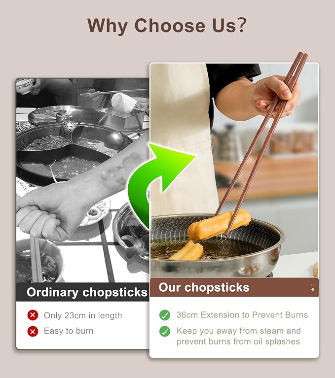 3Pairs Cooking Chopstick 14Inches Long Wooden Chop Sticks Reusable for Noodles Frying Hotpot